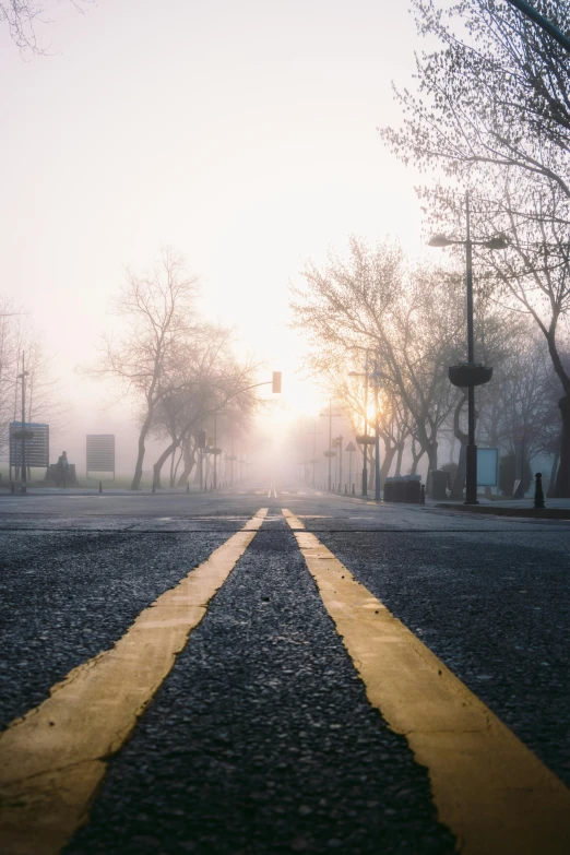 a street with a yellow line in the middle of it, unsplash contest winner, realism, foggy at dawn, park, streetscapes, mid-20s