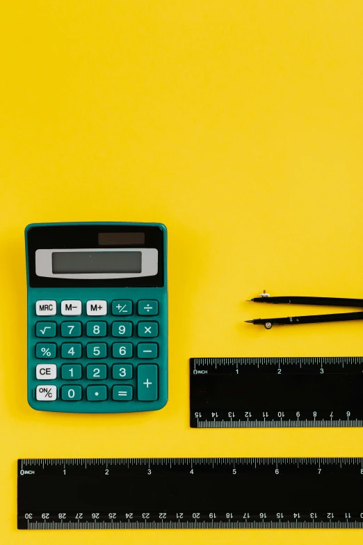 a calculator, pencil and ruler on a yellow background, by Matt Cavotta, pexels, instagram post, modeled, bl, student