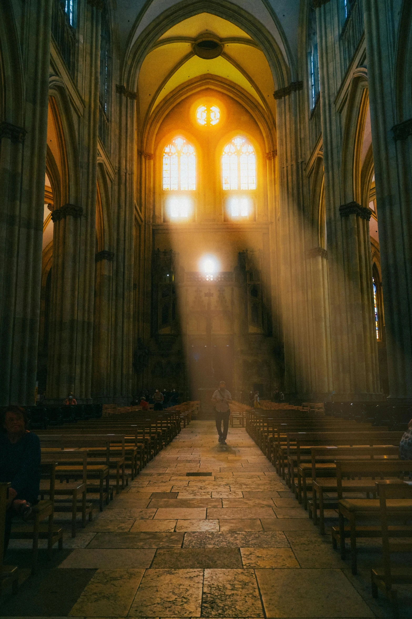 a person standing in the middle of a church, pexels contest winner, light and space, yellowish light, in a large cathedral, light coming in from the left, gothic revival