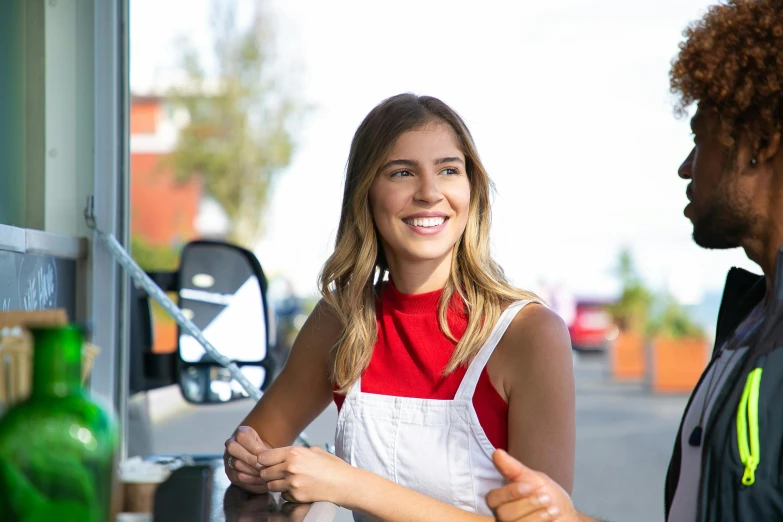 a man and a woman standing in front of a food truck, a portrait, pexels contest winner, happening, emma watson smiling, aussie baristas, ( waitress ) girl, avatar image