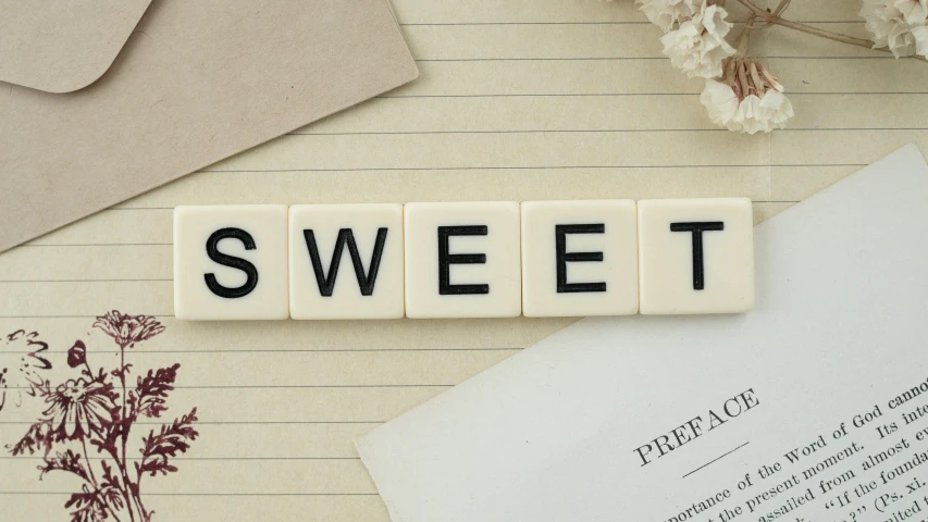 a couple of letters sitting on top of a table, by Sylvia Wishart, trending on pexels, sweets, swift, skincare, middle close up
