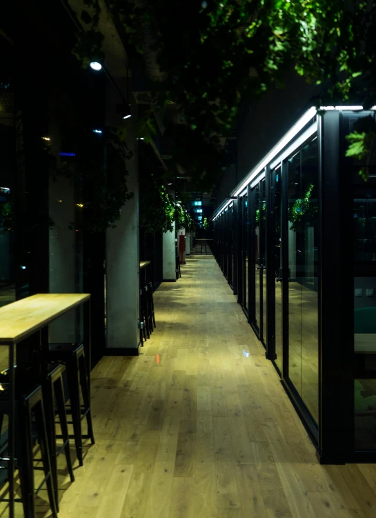 a long hallway lined with tables and chairs, a portrait, unsplash, large windows to forest at night, ultrastation hq, nightcafe, profile image