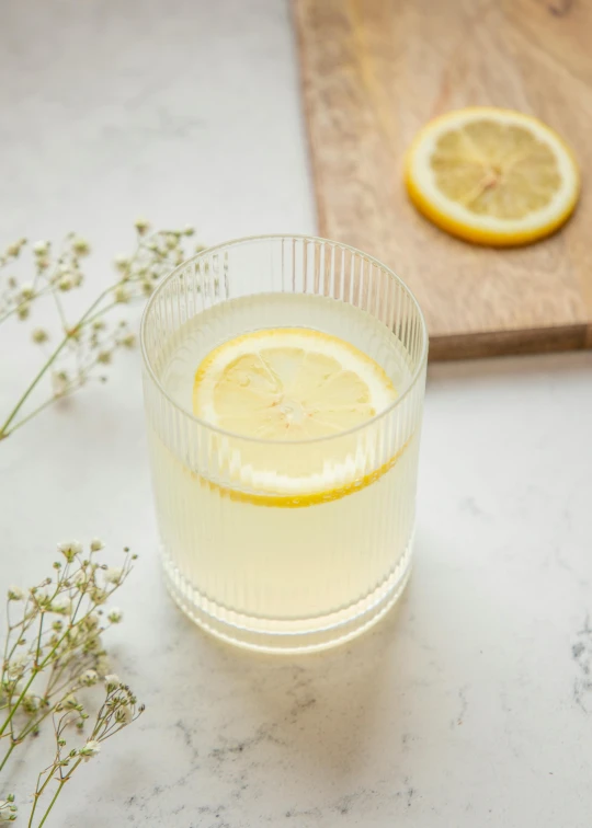 a glass of lemonade next to a cutting board, by Nicolette Macnamara, natural soft rim light, cocktail in an engraved glass, slight bloom, zoomed in