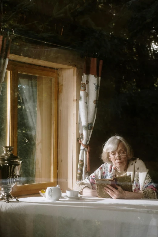 a woman sitting at a table reading a book, in a cabin, vhs colour photography, dementia, lush surroundings