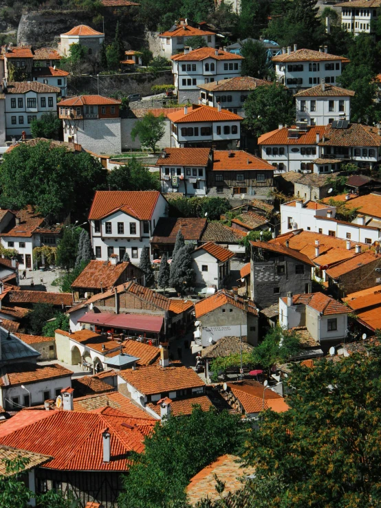a group of houses sitting on top of a hill, white buildings with red roofs, slide show, georgic, photograph
