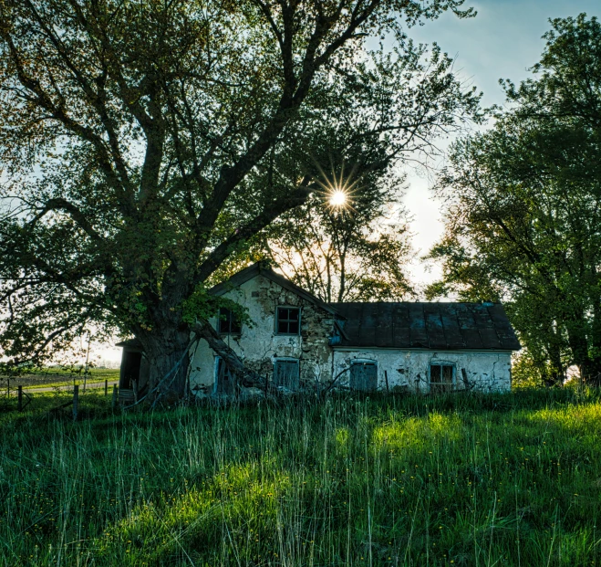 an old house sitting in the middle of a field, pexels contest winner, decaying dappled sunlight, laying under a tree on a farm, prairie, summer evening