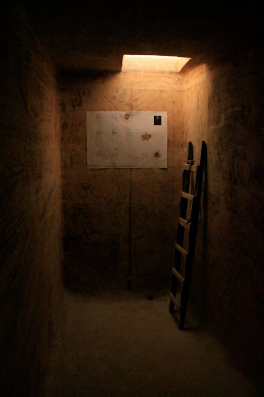 a ladder leaning against a wall in a dimly lit room, inspired by Dennis Miller Bunker, marauders map, inside a tomb, immersive, cardboard tunnels