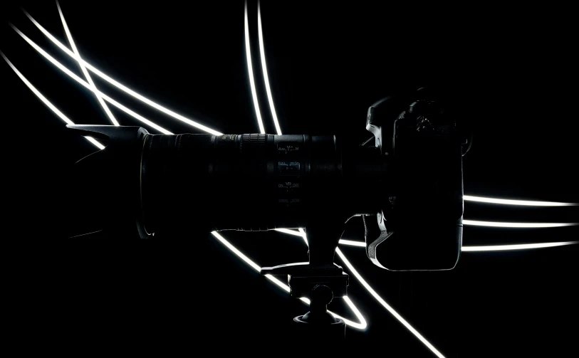 a close up of a camera on a tripod, inspired by Robert Mapplethorpe, art photography, white neon lighting, canon- 70-200mm lens, contour light effect!! 8 k, lightsaber wallpaper 4 k