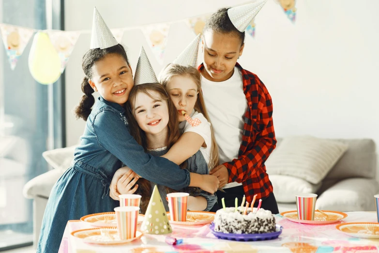 a group of children at a birthday party, pexels, incoherents, fan favorite, sweet hugs, center focus on table, instagram post