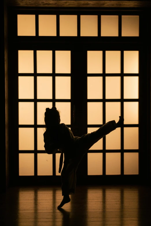 a woman doing a handstand pose in front of a window, a picture, inspired by Liao Chi-chun, karate, backlit!!, in doors, in a dojo