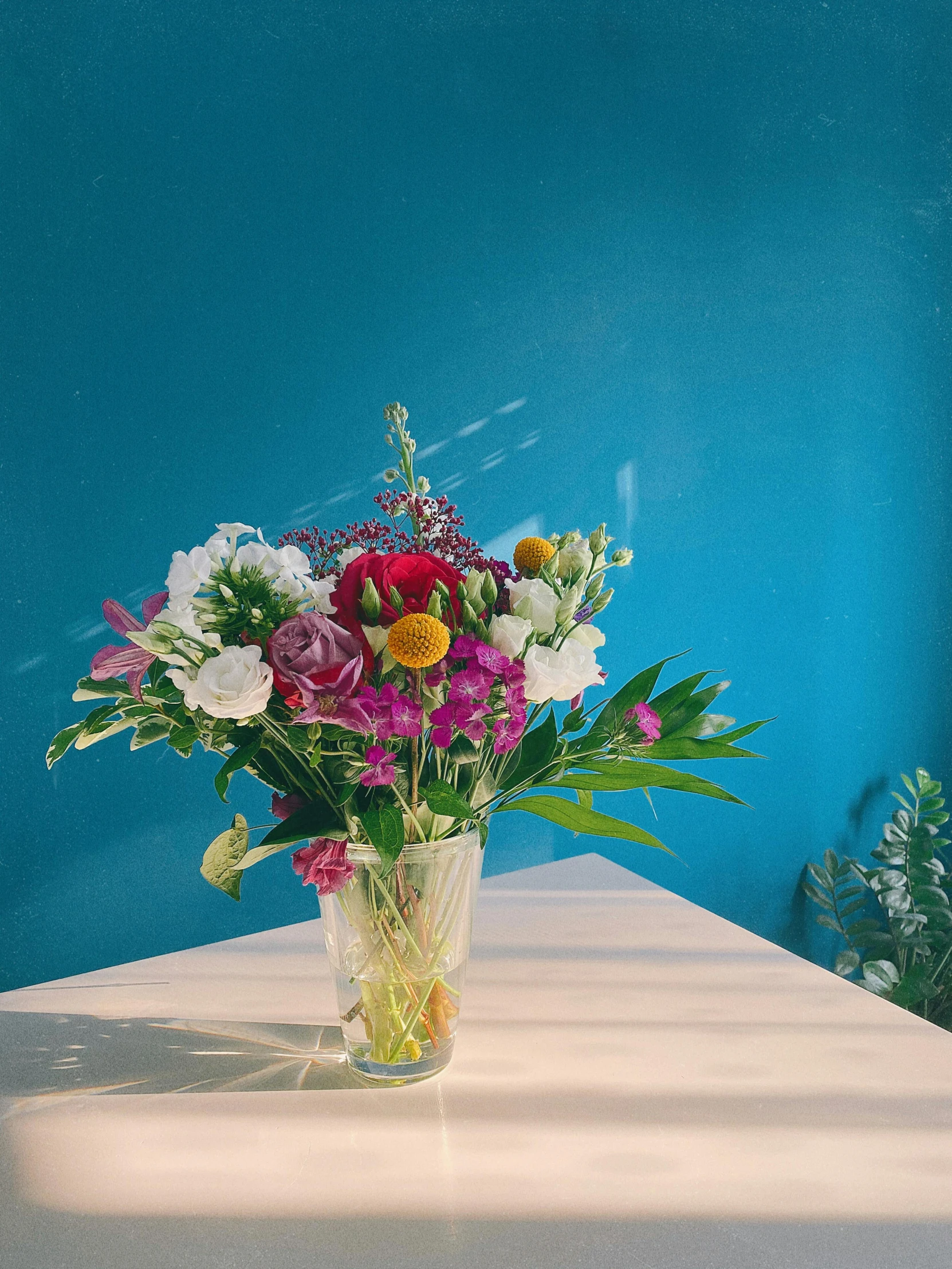 a vase filled with flowers sitting on top of a table, bright colour, in a short round glass vase, designed for cozy aesthetics!, tall