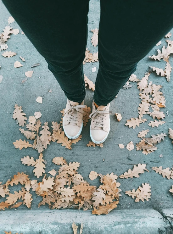 a person standing on a sidewalk with leaves on the ground, trending on pexels, duck shoes, light grey blue and golden, instagram picture, pastel'