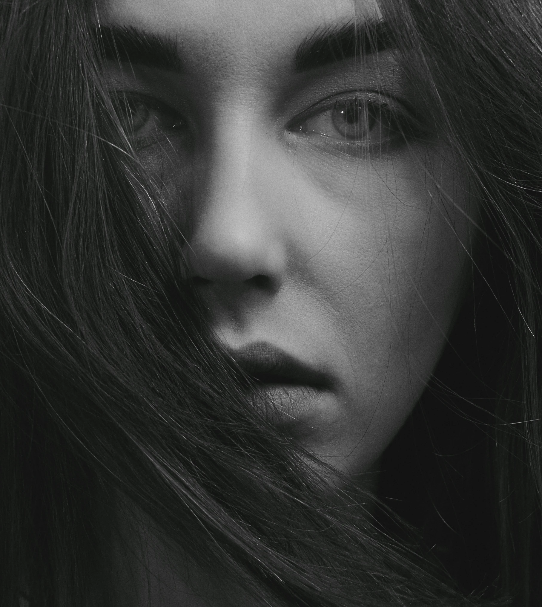 a black and white photo of a woman with long hair, by irakli nadar, pexels contest winner, hyperrealism, pale face, 4 k ], closeup!!!!!!, unsplash photo contest winner