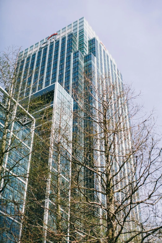 a very tall building with a lot of windows, inspired by Richard Wilson, unsplash, renaissance, with trees, ice, low quality photo, canary wharf