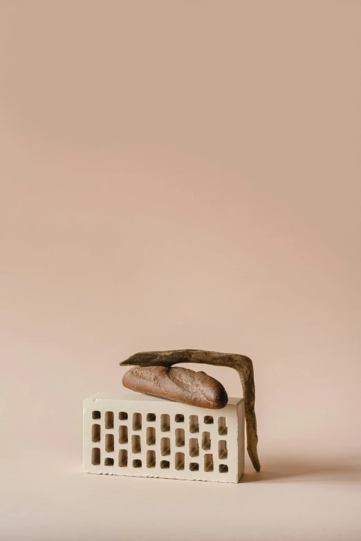 a loaf of bread sitting on top of a brick, an abstract sculpture, inspired by Isamu Noguchi, unsplash, minimal pink palette, toasted bread in toaster slots, plain background, handmade pottery