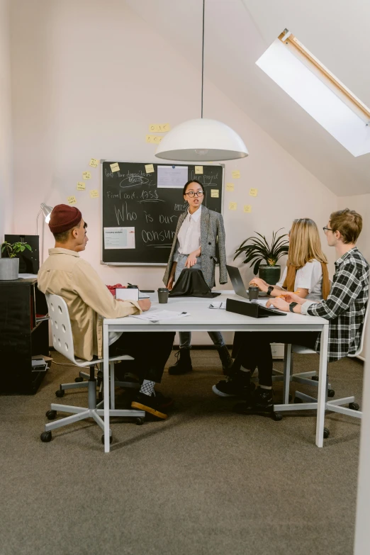 a group of people sitting around a table in a room, in an office