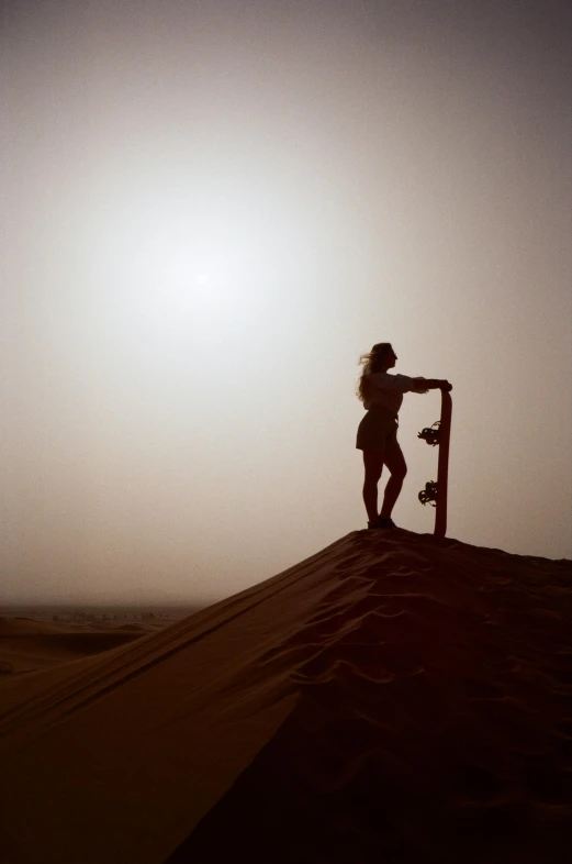 a person standing on top of a sand dune, arabesque, faded and dusty, overlooking, silhouetted, sara ali