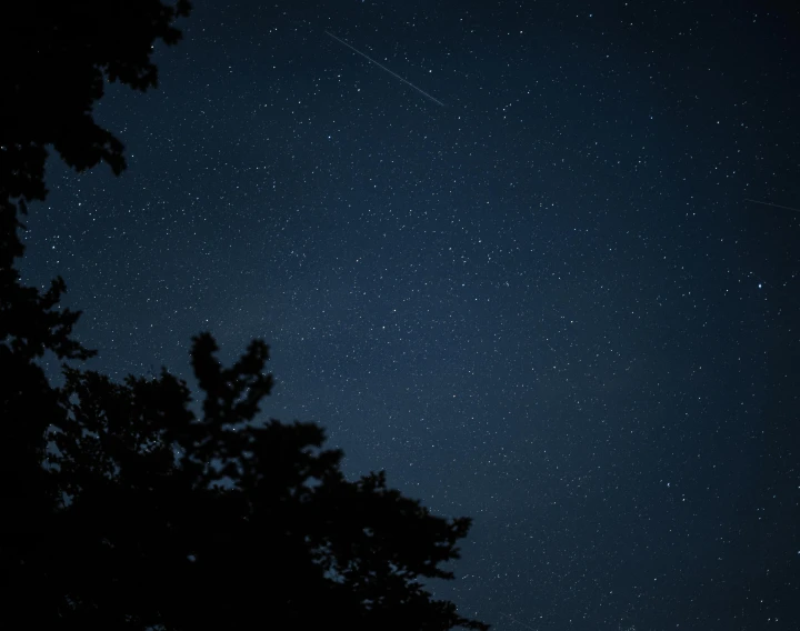 a sky filled with lots of stars next to trees, pexels, realism, space station planet afar, shooting star, night time footage, meteorite