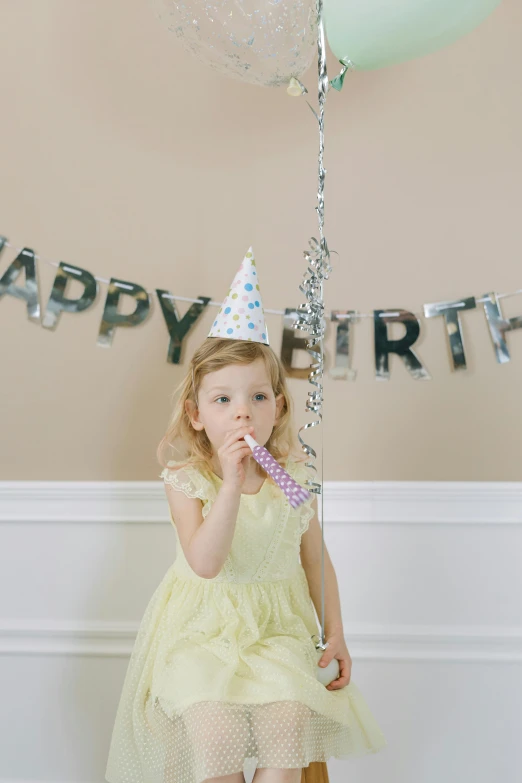 a little girl standing in front of a birthday banner, by Pamela Drew, pexels, wearing silver dress, wearing a party hat, ( ( photograph ) ), single image