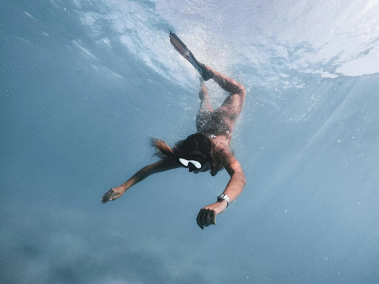 a man swimming in the ocean with a surfboard, pexels contest winner, portrait of a woman underwater, scuba mask, 🦩🪐🐞👩🏻🦳, upsidedown