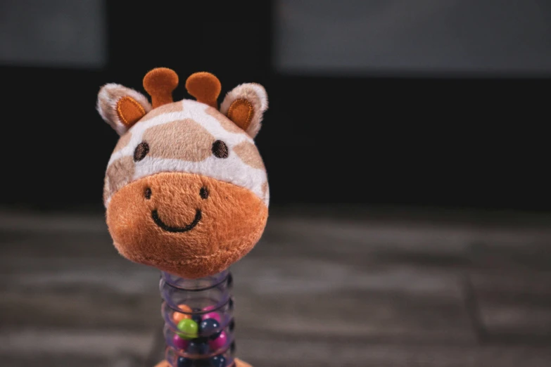 a stuffed giraffe sitting on top of a wooden floor, inspired by Leo Leuppi, pexels contest winner, happening, gumball machine, sherek head design as a bottle, detail shot, with a black background