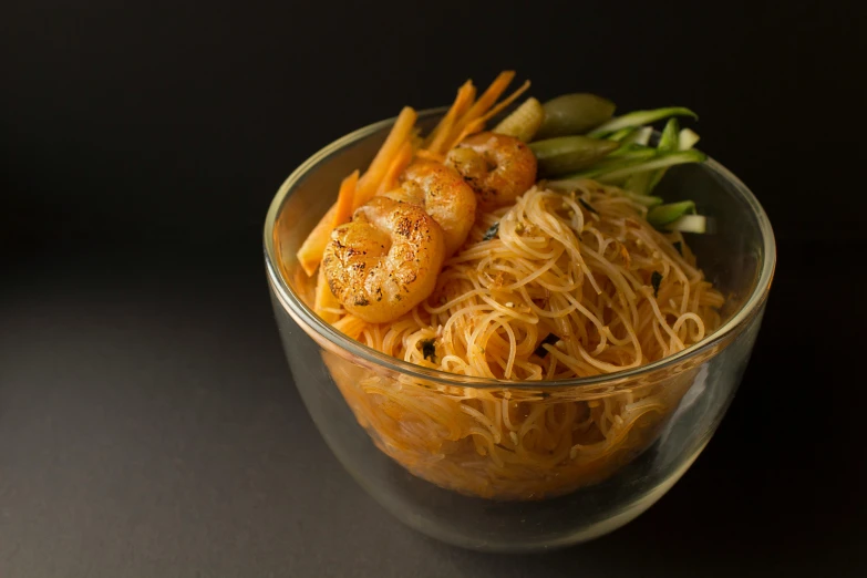 a glass bowl filled with noodles and shrimp, renaissance, detailed product image, fan favorite, korean, mid-view