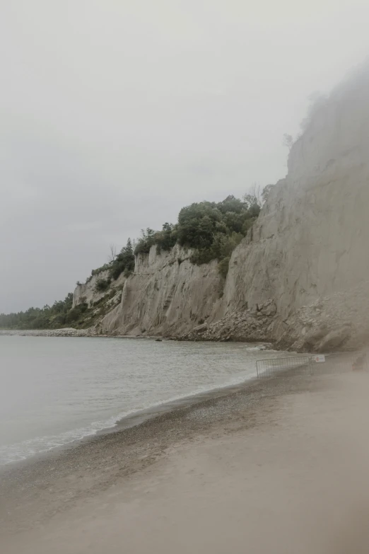 a man riding a surfboard on top of a sandy beach, chalk cliffs above, overcast!!!, trees and cliffs, grayish