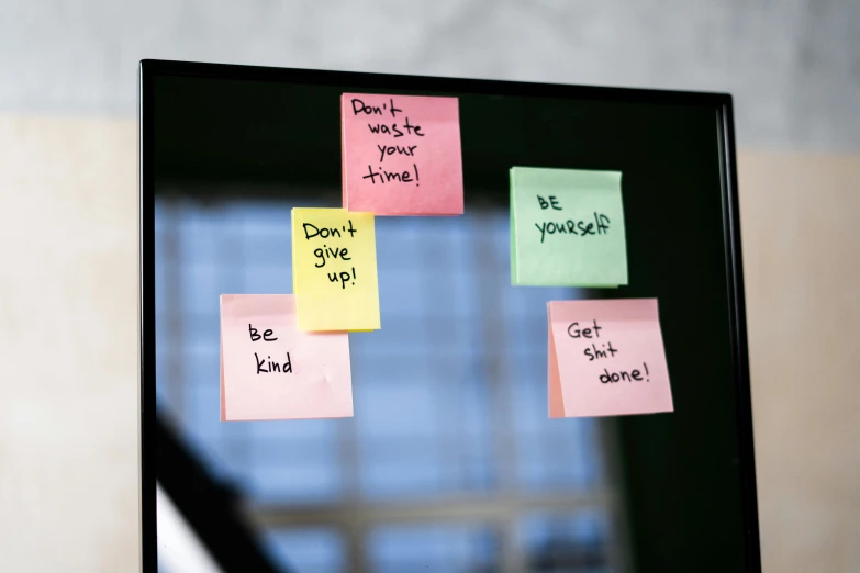 a mirror with post it notes attached to it, by Nina Hamnett, unsplash, nvidia rtx reflections, close up to the screen, motivational, ilustration