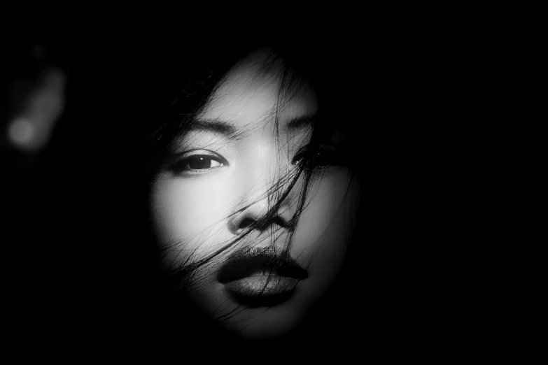 a black and white photo of a woman's face, by Li Song, art photography, luscious lips, asian face, trending digital art, fineartamerica