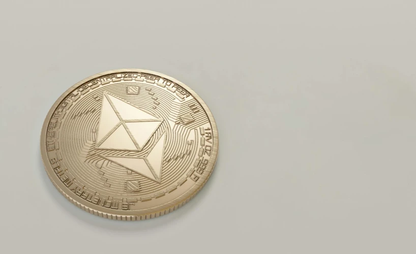 an ether coin sitting on top of a table, plain background, 8, cfd, high quality product image”