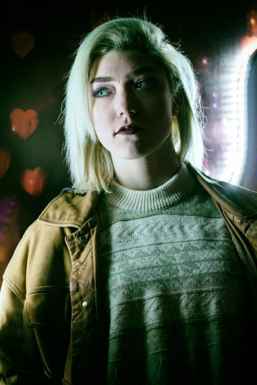 a woman standing in front of a street light, a character portrait, inspired by Elsa Bleda, trending on pexels, saoirse ronan, wearing cyberpunk 2 0 7 7 jacket, standing in a dimly lit room, close up of a blonde woman