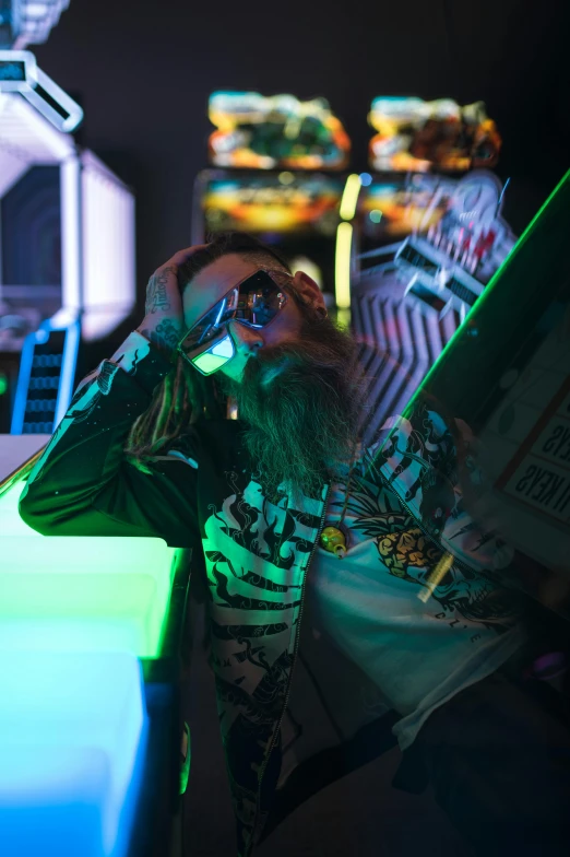 a man sitting at a bar talking on a cell phone, cyberpunk art, unsplash, maximalism, bigfoot wearing sunglasses, arcade game, multiple lights, bearded