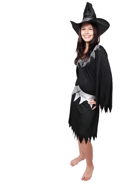 a little girl dressed up in a witch costume, a cartoon, instagram, full body worn out torn cape, black and grey, woman model, no - text no - logo