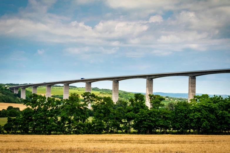 a bridge over a field with trees in the foreground, pexels contest winner, renaissance, high speed trains, concrete pillars, northern france, choo choo