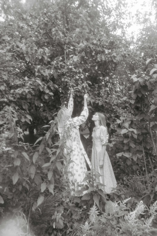 a couple of women standing next to a tree, inspired by Nell Dorr, pre-raphaelitism, garden with fruits on trees, live-action archival footage, ( ( photograph ) ), the empress’ hanging