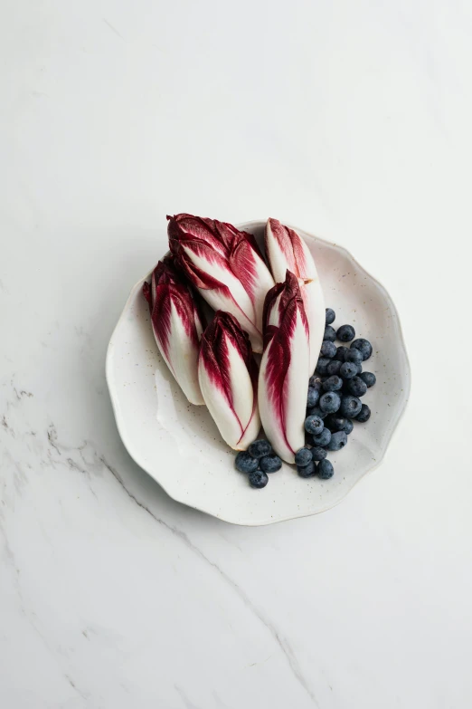 a white plate topped with blueberries and radiches, renaissance, long petals, high quality product image”, red velvet, big pods