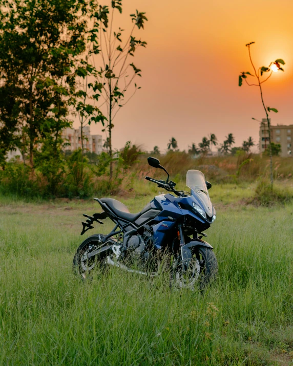 a motorcycle that is sitting in the grass, by Rajesh Soni, pexels contest winner, sunset lighting 8k, pulsar, triumph, 🚿🗝📝