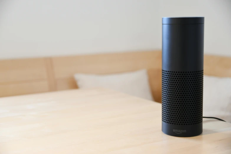 an amazon echo device sitting on top of a wooden table, by Carey Morris, pexels, pop art, tall thin, black on white background, robotics, a blond