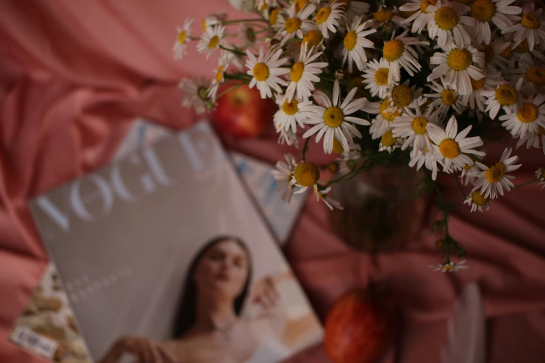 a book sitting on top of a table next to a vase of flowers, pexels contest winner, holding daisy, vogue magazine editorial, magazines, close up portrait photo