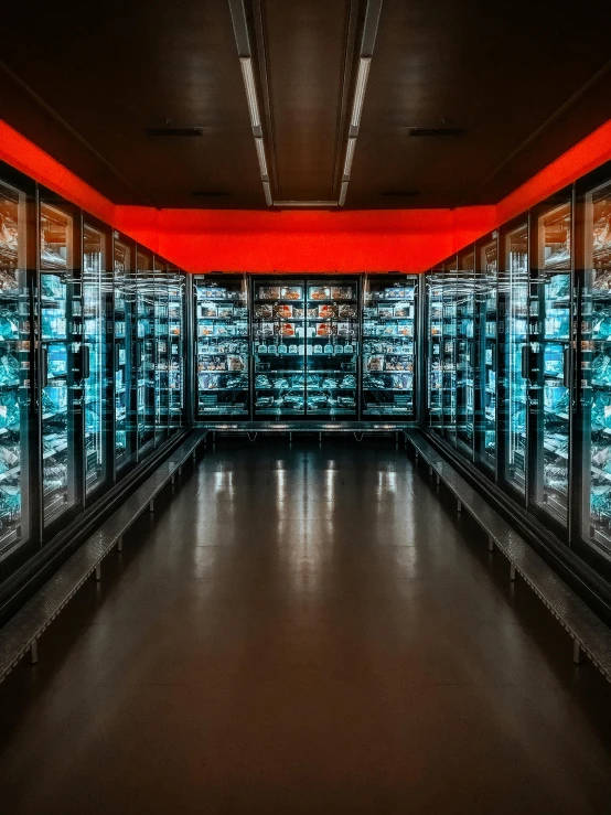 a store filled with lots of bottles of wine, by Daniel Lieske, pexels contest winner, refrigerated storage facility, robots queue up for ice cream, red and blue neon, adult video store