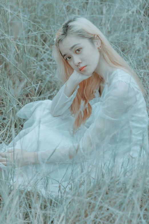 a woman sitting in a field of tall grass, an album cover, inspired by Elsa Bleda, renaissance, yanjun chengt, intense albino, pastel coloring, low quality photo