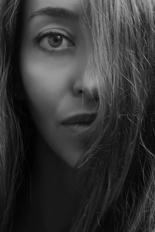 a black and white photo of a woman with long hair, pexels contest winner, photorealism, close up character, portrait. 8 k high definition, music video, monochrome:-2