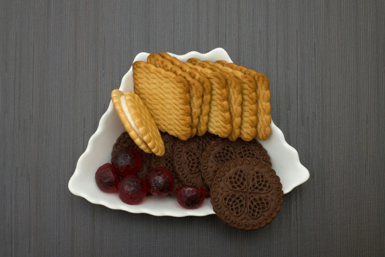 a plate of cookies and grapes on a table, inspired by Wilhelm Hammershøi, dau-al-set, brown resin, maroon, ( ultra realistic, high quality 3d realistic