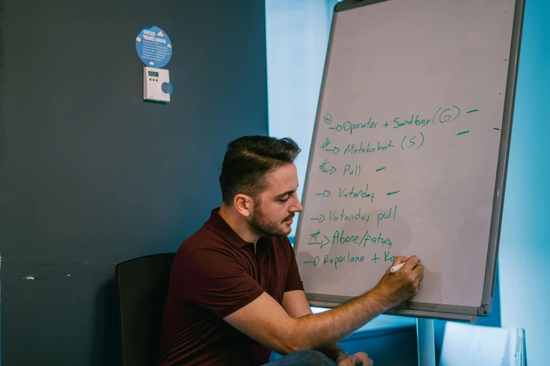 a man sitting in front of a white board, profile image, dylan kowalsk, working in an office, background image