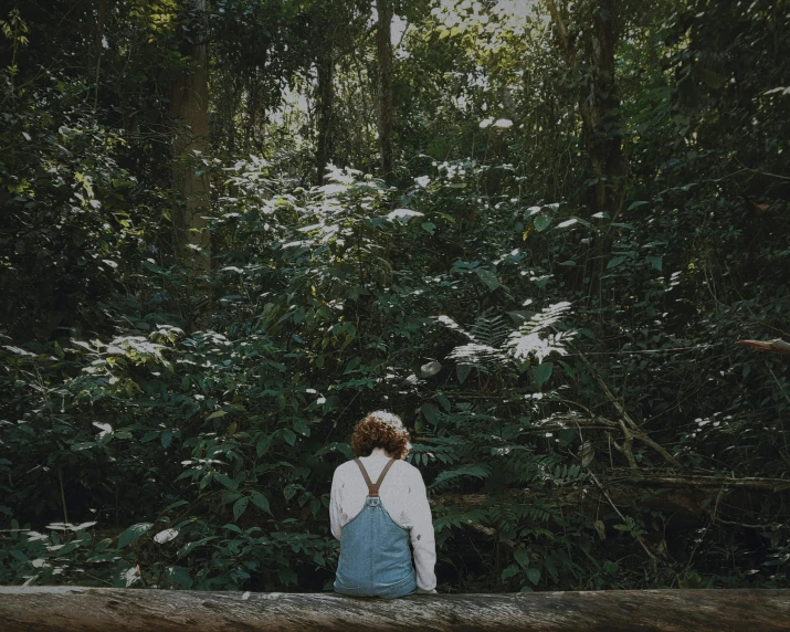 a woman sitting on a log in the woods, inspired by Elsa Bleda, trending on unsplash, colombian jungle, tiny person watching, standing in a botanical garden, pictured from the shoulders up