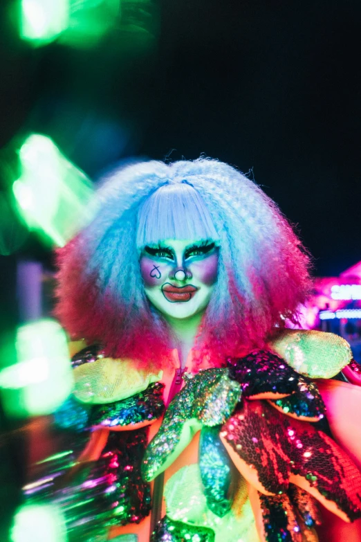 a close up of a person in a costume, inspired by David LaChapelle, pexels, night clubs and neons, cutecore clowncore, electric hair, welcome to the circus