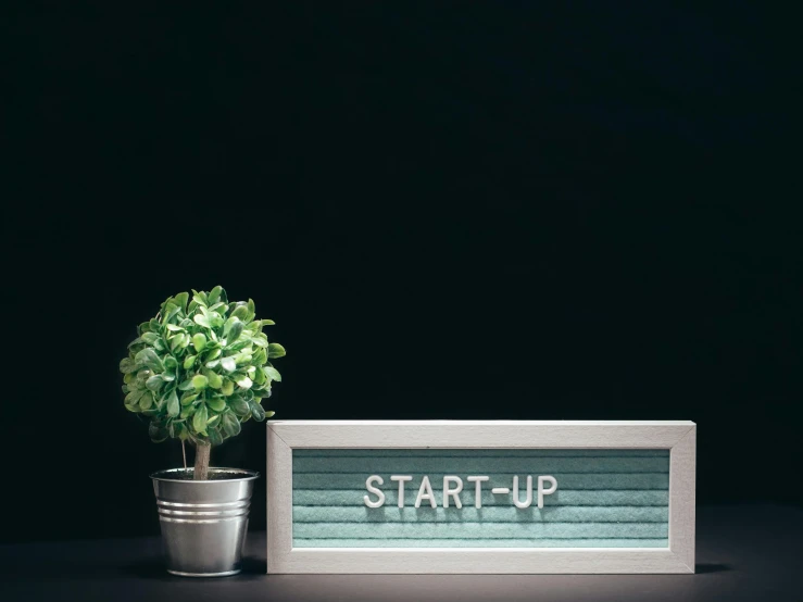 a sign that says start up next to a potted plant, light box, thumbnail, high quality image, square