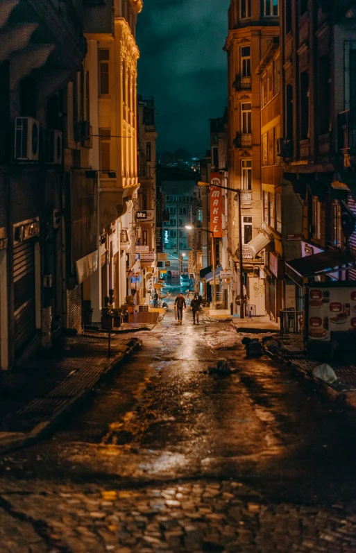 a city street filled with lots of tall buildings, by Tobias Stimmer, unsplash contest winner, busy wet street at night, fallout style istanbul, in a narrow chinese alley, damaged streets