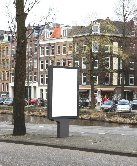 a white sign sitting on the side of a road, a poster, inspired by Hendrik van Steenwijk II, pexels contest winner, large vertical blank spaces, city background, square, 8k computer render