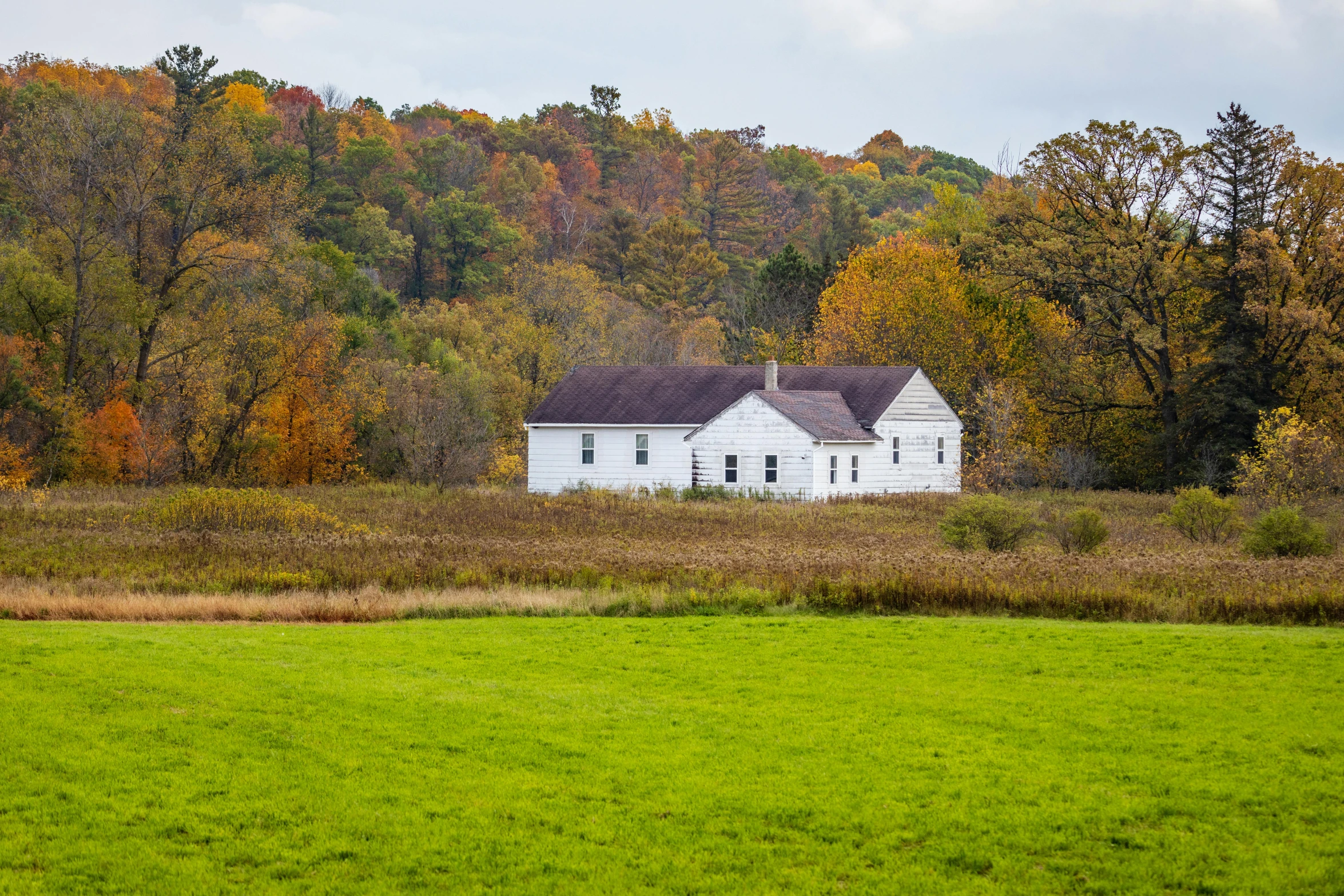 a white house sitting on top of a lush green field, inspired by Grant Wood, pexels, folk art, muted fall colors, wisconsin, sanctuary, worn